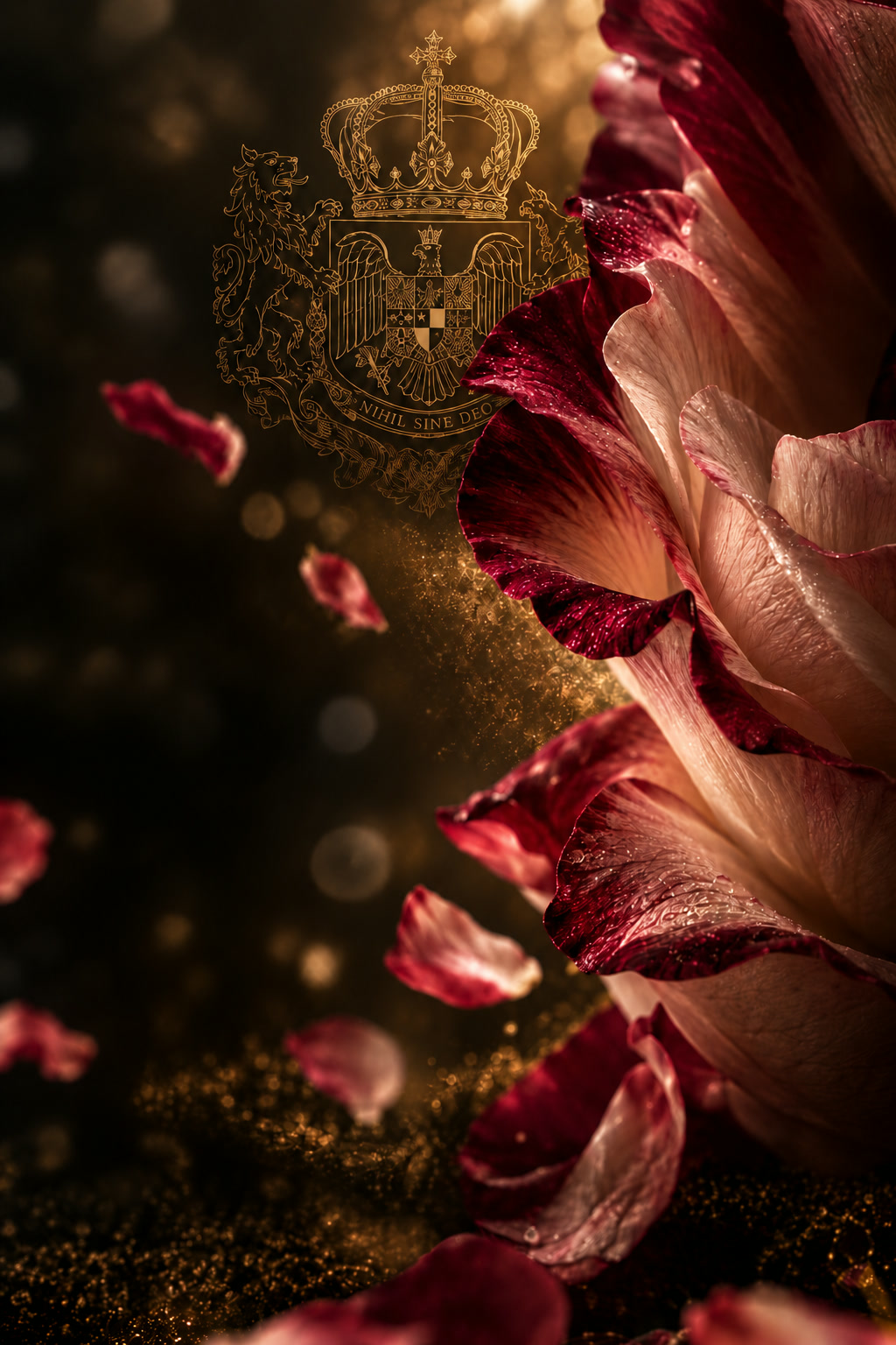 Burgundy and blush flower with the golden Romanian royal crest in cinematic darkness